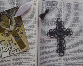 Darkest Grey Cross Faith Journal Bible Bookmark Tatted Lace Tatting with crochet thread Made to Order Gray