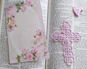 Lavender Cross Faith Journal Bible Bookmark Tatted Lace Tatting with crochet thread