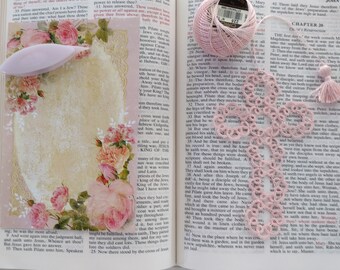 Pink #12 Cross Bookmark Tatted Lace Bible Faith Journal Keepsake Gift Heirloom  Tatting Crochet