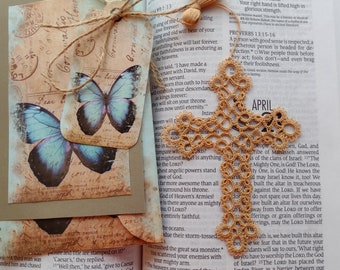 Cross  Bible Faith Blue Butterfly Journal Tatting Keepsake Heirloom  Frivilite Crochet Bookmark Tatted