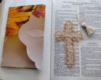 AUTUMN Gold Cross Bookmark Bible Devotional Shuttle Tatted Lace Crochet Thread Thanksgiving Hostess Gift