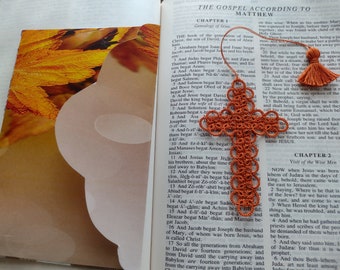 PUMPKIN Spice Cross Bookmark Bible Devotional Shuttle Tatted Lace Crochet Thread Thanksgiving Hostess Gift