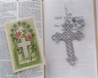 Silvery Cross Bookmark Tatted Lace Bible Faith Journal Tatting Keepsake Christian Gift Heirloom  DMC 12 Frivilote