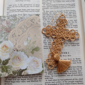 CARAMEL Gold Cross Bookmark Bible Devotional Shuttle Tatted Lace Crochet Thread Thanksgiving Hostess Gift