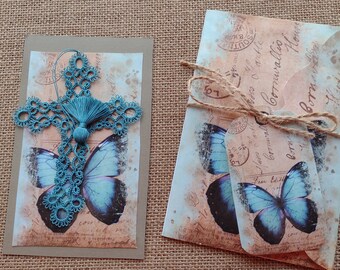 Gift Set Cross  Bible Faith Country turquoise  Butterfly Journal Tatting Keepsake Heirloom  Frivilote Crochet Bookmark Tatted