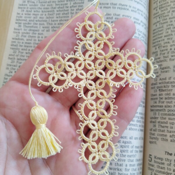 Cross Bookmark Tatted Yellow Lace Tatting