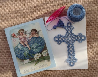 Blue Cross Bookmark Tatted Lace Bible Faith Journal Tatting Keepsake Gift Heirloom  DMC 12 Frivilote