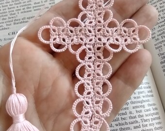 Pale Pink Tatted Cross Bible Bookmark Heirloom Tatting Lace crochet made to order