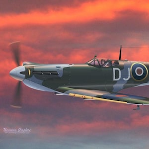May include: A vintage military aircraft, a Spitfire, is depicted in flight against a vibrant sunset. The plane features a green and gray camouflage pattern, with the markings "DJ OZ" on the fuselage. The propeller is blurred, indicating motion.