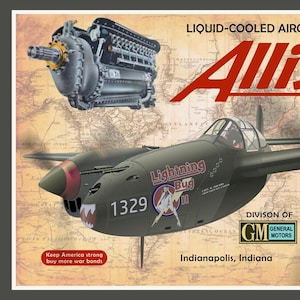 May include: A vintage poster advertising Allison liquid-cooled aircraft engines. The poster features a P-38 Lightning fighter plane with the text "Lightning Bug II" and "1329" on the side. The poster also includes the text "Keep America strong buy more war bonds" and "Division of GM General Motors Indianapolis, Indiana".
