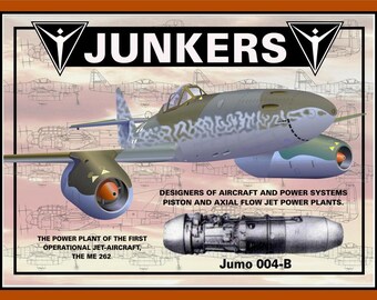 May include: An illustration of a Junkers ME 262 jet aircraft with the text "JUNKERS" at the top. The image includes the text "DESIGNERS OF AIRCRAFT AND POWER SYSTEMS" and "Jumo 004-B". The aircraft is primarily gray and green.
