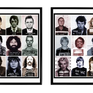 May include: A collage of mugshots of famous musicians and actors, including Johnny Cash, Jimi Hendrix, and Marilyn Monroe. The mugshots are arranged in a grid pattern and are in black and white.