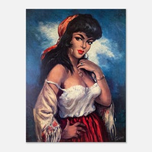 Turín, Lámina vintage de los años 60 "Juanita" Gitana, Turín, Italia, Arte vintage de estilo bohemio, Arte mural moderno de mediados de siglo de los años 60