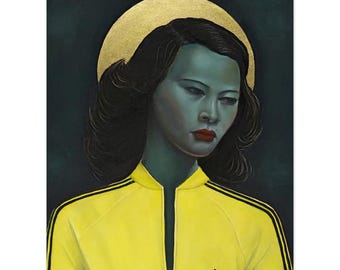 Modern Chinese Girl Print, Green Lady, Altered Art, Tretchikoff Rousseau, Retro Vintage Poster