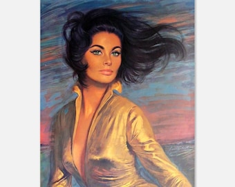Peut inclure: Une peinture d'une femme aux longs cheveux noirs soufflant dans le vent. Elle porte un haut doré et a une expression chaleureuse et accueillante.