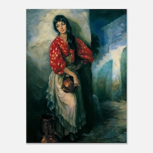 Grabado de mujer gitana, Francisco Ribera Gómez, arte español, década de 1960, época de Tretchikoff. Lámina vintage coleccionable.