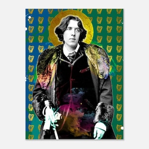 May include: A black and white portrait of a man with a halo, wearing a fur-trimmed coat, against a green background with gold harps.