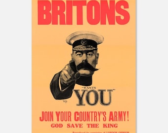 Poster &quot;Britins Kitchener Wants You&quot;, stampa di Lord Kitchener, arte di reclutamento d&#39;epoca, poster della Seconda Guerra Mondiale