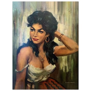 May include: A vintage oil painting of a woman with dark hair and fair skin. She wears gold hoop earrings, a gold necklace, and a white top with a red and black skirt. Her arm is raised, and she is touching her hair. The painting has a classic, romantic style.
