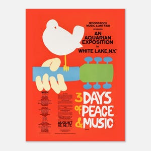 Cartel del Festival de Música de Woodstock, 1969: Tres días de paz, música y amor. Cartel clásico bohemio en papel semibrillante.