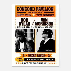 Póster del concierto de Bob Dylan Van Morrison en el Pabellón Concord de 1998, clásico, en papel semibrillante.