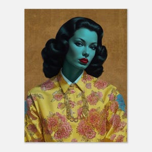 Impresión de una dama verde moderna, inspirada en Vladimir Tretchikoff, J.H. Lynch y Louis Shabner, póster original bohemio vintage, arte mural retro de mediados de siglo.