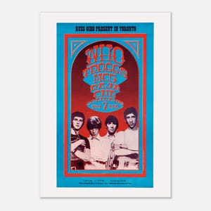 May include: A vintage concert poster for a show featuring The Who, Troggs, and MC5 in Toronto. The poster has a blue and red color scheme with the band members' images at the bottom. The text includes the date, time, and venue.