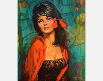 Peut inclure: Une femme aux cheveux foncés et un nœud rouge dans les cheveux porte une veste rouge sur un haut en dentelle noire. L'arrière-plan est une peinture floue d'un paysage vert et bleu.