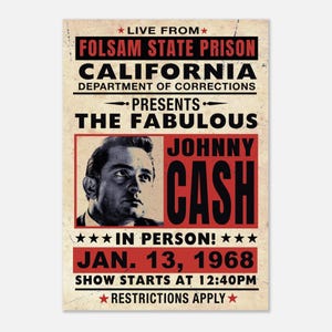 Póster de Johnny Cash, prisión estatal de Folsom, folleto del concierto presencial de 1968, póster clásico bohemio en papel semibrillante.