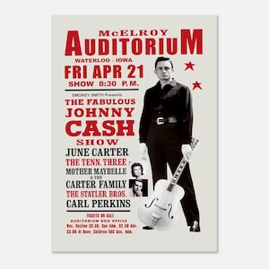 Póster del concierto de Johnny Cash de 1967, Auditorio McElroy, Waterloo, Iowa. Póster clásico en papel semibrillante.