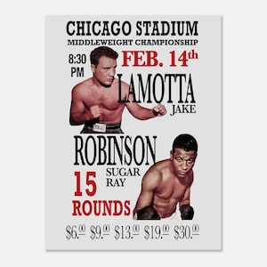Impresión de Jake LaMotta vs. Sugar Ray Robinson, boxeo vintage de 1951, masacre de San Valentín, póster de pelea, póster clásico bohemio en papel semibrillante.