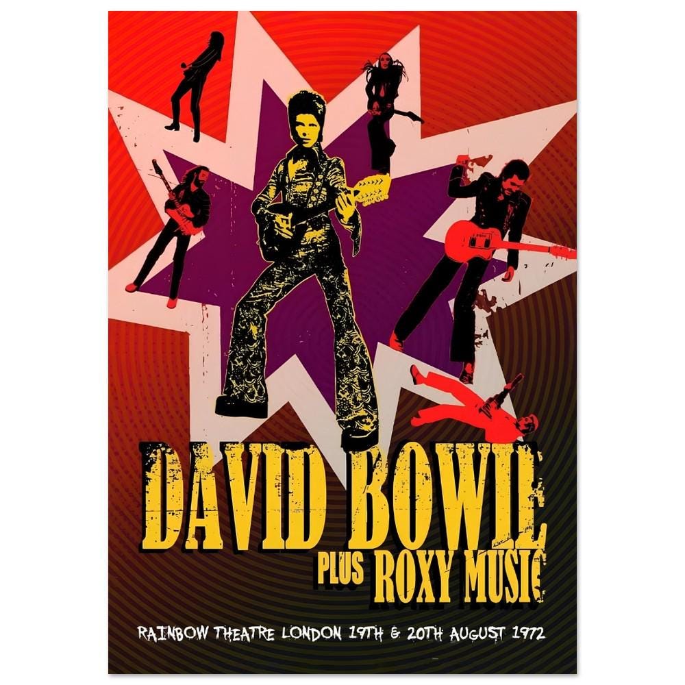 David Bowie Roxy Music Concert Poster: 1972 Rainbow Theatre, Retro Wall ...