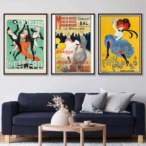 Juego de 3 carteles vintage de cabaret art nouveau francés, Moulan Rouge Folies Bergère, arte bohemio de Montmartre París