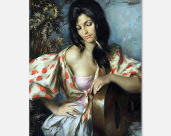 Peut inclure: Une peinture d'une femme aux cheveux noirs portant une robe à pois blancs et rouges. Elle tient une guitare et a un brin de paille dans la bouche.