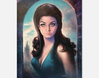Peut inclure: Peinture de portrait vintage d'une femme aux cheveux foncés et aux yeux perçants, encadrée par une arche. Elle porte une robe turquoise. L'arrière-plan présente un château et un ciel nuageux. La signature de l'artiste, J. Lynch, est visible.