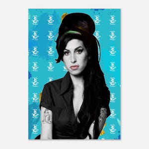 Póster de Amy Winehouse, fondo azul, arte callejero pop, estilo bohemio clásico, papel semibrillante.