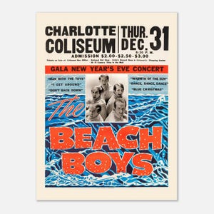 The Beach Boys 1964 New Year&#39;s Eve Charlotte, NC Concert Poster Reprint, Vintage Classic Semi-Glossy Paper Poster