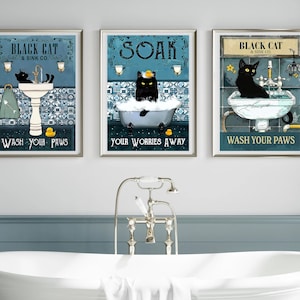 黒猫のバスルームポスター、3枚セット、手を洗って水に浸す心配、装飾プリント動物の絵、ヴィンテージウォールアート、トイレのホームデコレーション