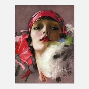 May include: A woman with dark hair wears a red headscarf and a white feathered boa. Her eyes are blue and her lips are red. The background is a soft, abstract design in shades of gray, pink, and green. The image is signed "Lyne" in the bottom right corner.