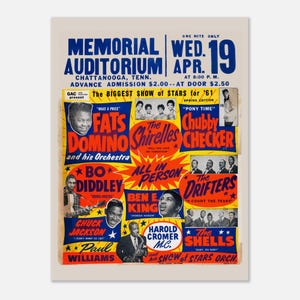 May include: A vintage concert poster for a show at the Memorial Auditorium in Chattanooga, Tennessee. The poster features a colorful design with the names of performers like Fats Domino, The Shirelles, and Chubby Checker. The text includes the date, April 19, and the admission prices.