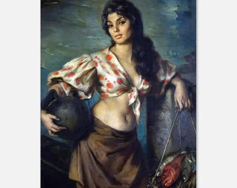 Peut inclure: Une peinture d'une femme aux longs cheveux noirs portant un chemisier à motifs blancs et rouges et une jupe brune. Elle tient une cruche brune dans sa main gauche et un panier de poisson dans sa main droite. L'arrière-plan est un paysage marin bleu et vert.
