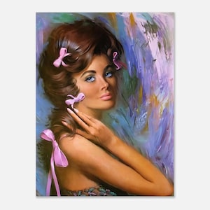 Lou Shabner Pin Up Print: Girl with Pink Ribbons, Retro Kitsch Wall Art