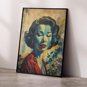 Blue Kitsch Lady Print, inspired by Vladimir Tretchikoff, Mid Century Modern, Kitsch Wall Art, Home Decor, Retro Art