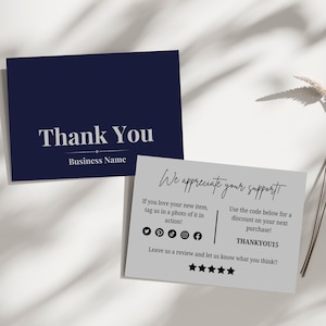 Luxury Chic Modern Navy Blue Business Thank You Card Template, Small Business Editable Thank You Card, Editable Package Insert Template