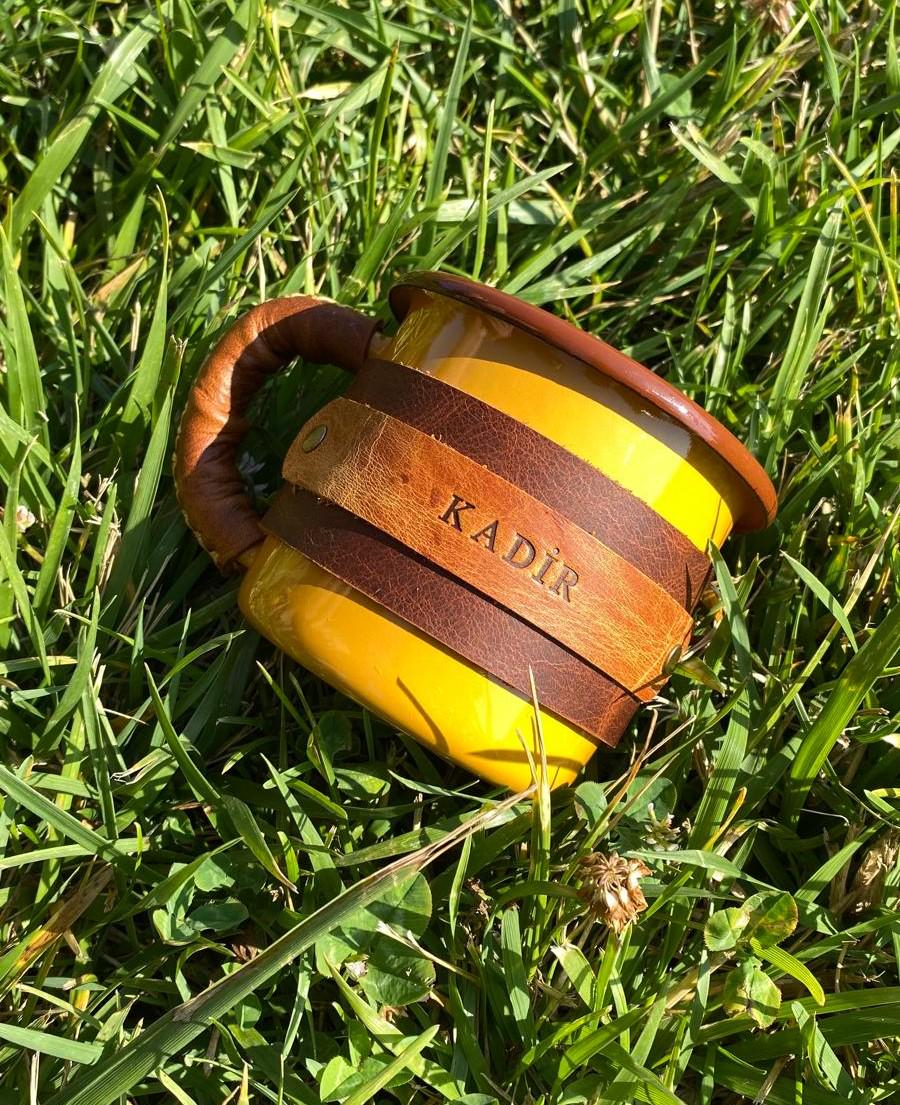 Personalized Enamel Camp Mug with Leather Wrap: Handmade Camping Gift