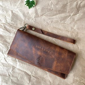 Cartera de mano para mujer de piel auténtica hecha a mano: billetera larga, soporte para teléfono, nombre personalizado grabado