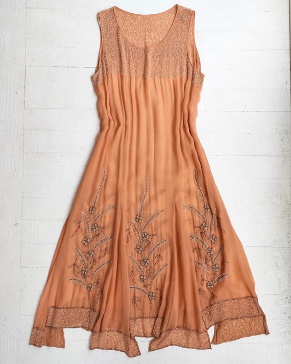 1920s Peach Beaded Chiffon Dress