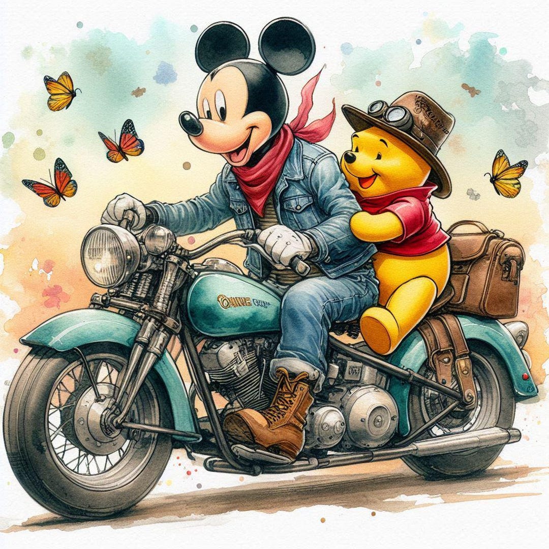 Motorcycle Riders Pooh Mickey Mouse and Pooh Goes on A Motorcycle Ride Funny Poster in ...