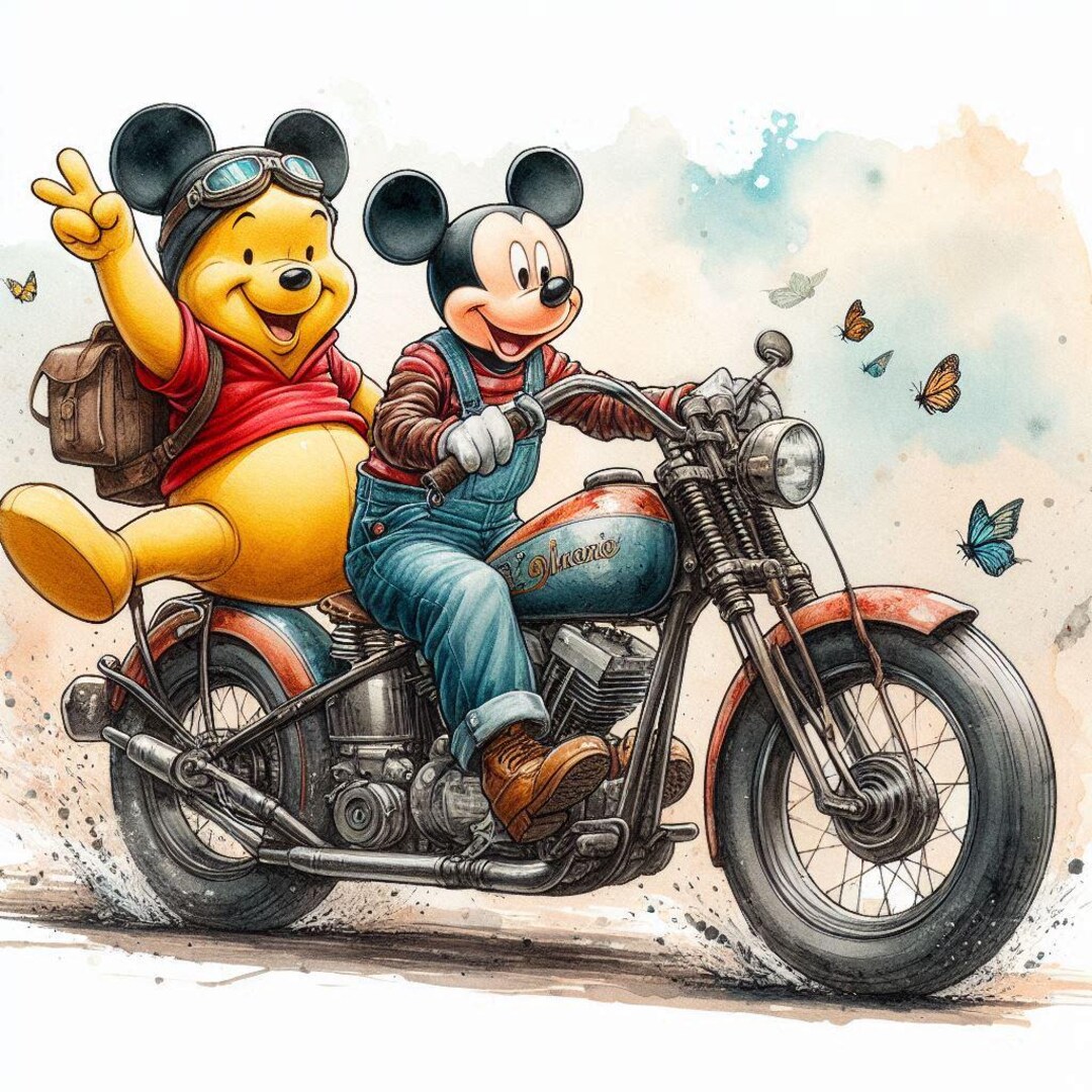 Motorcycle Riders Pooh Mickey Mouse and Pooh on A Motorcycle Poster Funny Poster in Watercolor ...
