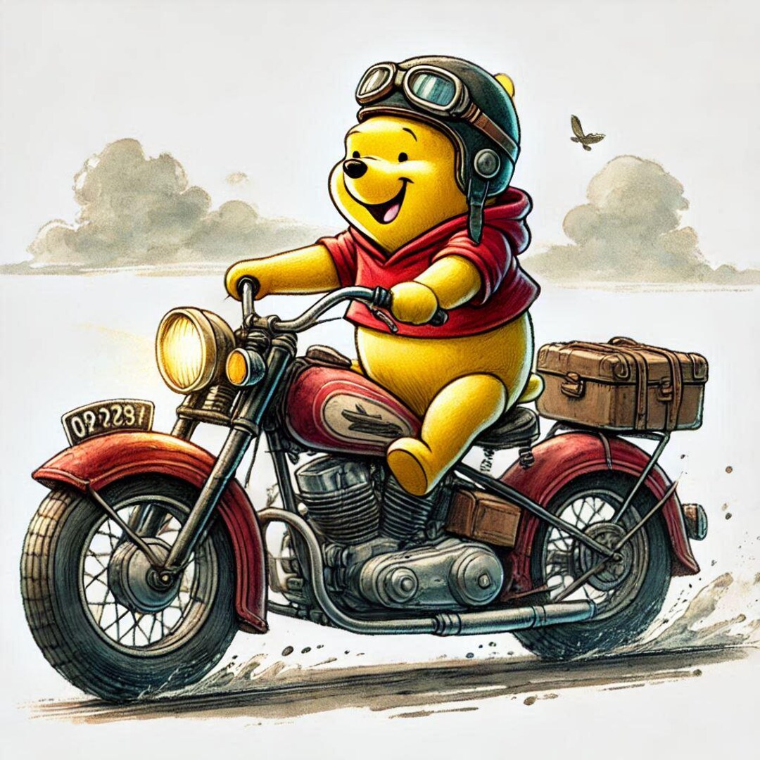 Motorcycle Riders Pooh Happy Winnie the Pooh Riding His Vintage Motorcycle Funny Poster in ...